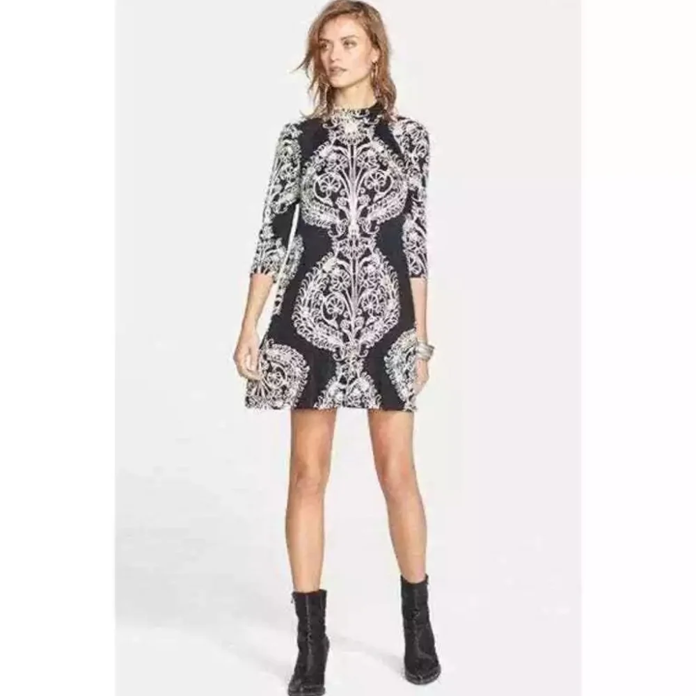 Free People Black & Taupe Medallion Mini Shift Dress Women’s XS